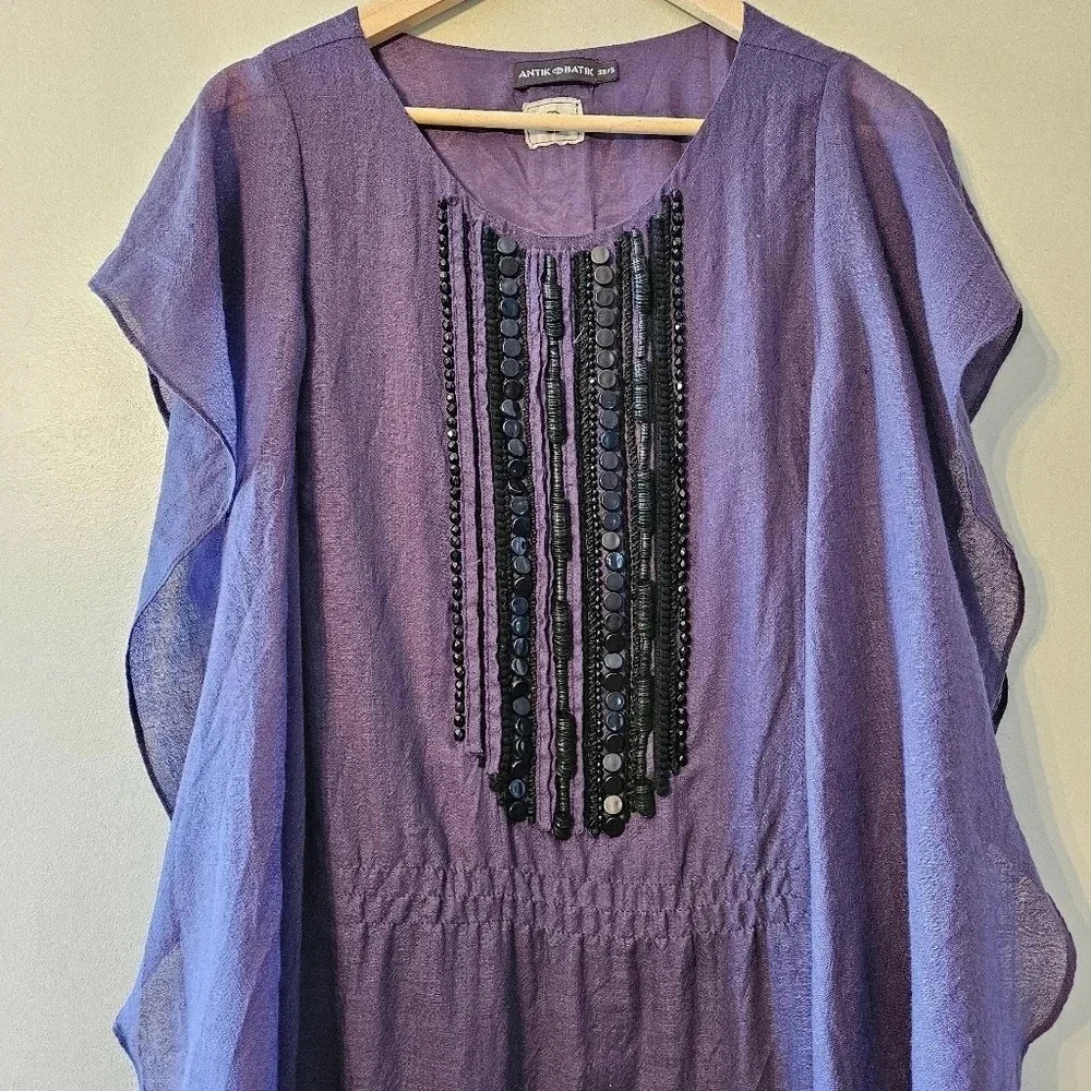 Antik Batik Embellished Draped Ruffle Wool Boho Mini Dress Purple Size Small. - Picture 5 of 16